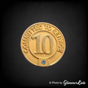 Vintage Committed To Service 10 Year Pin Blue Rhinestone Gold Tone Award Pin